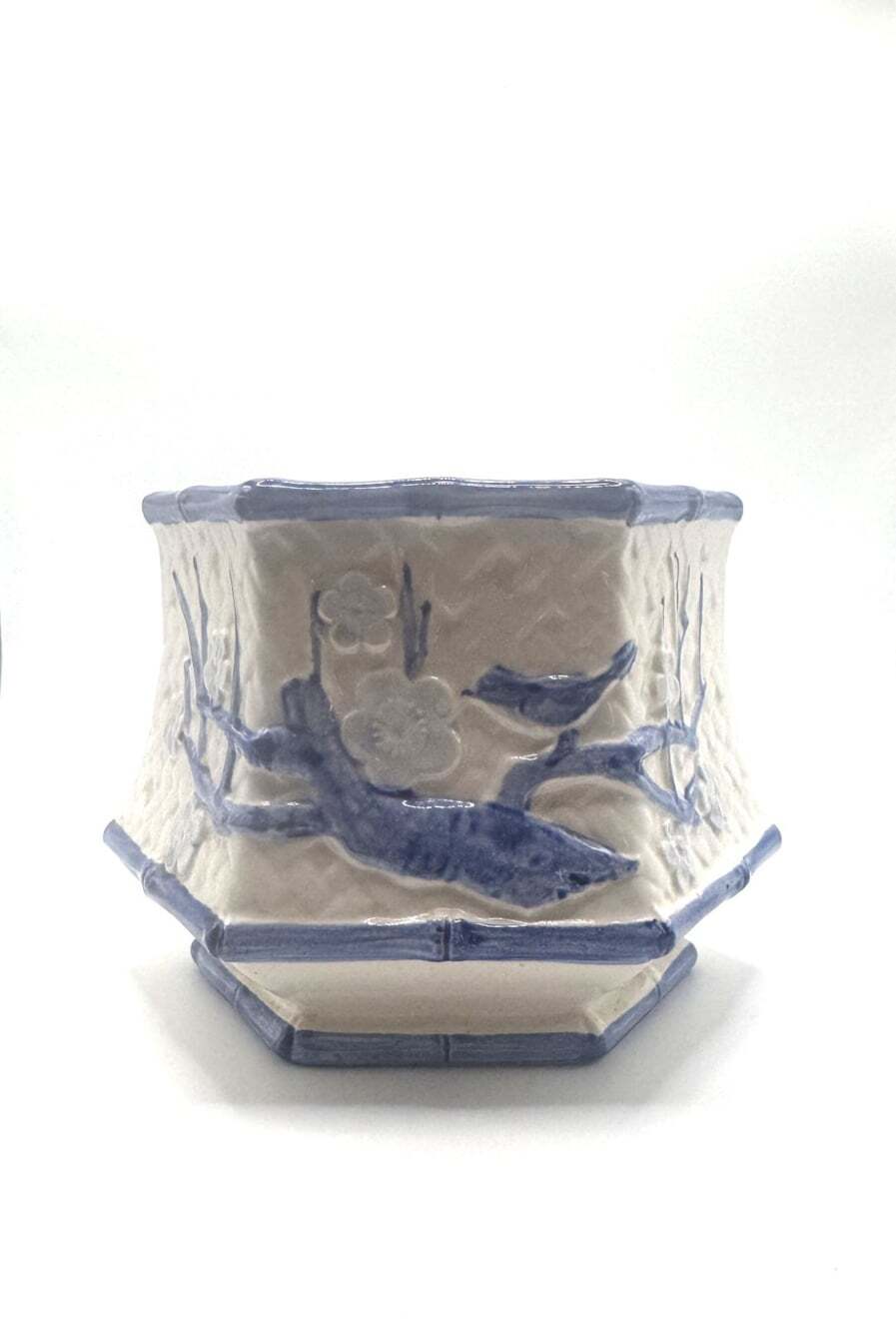 Vintage INARCO Japan Blue White Hexagonal Planter Birds Flowers Bamboo MCM